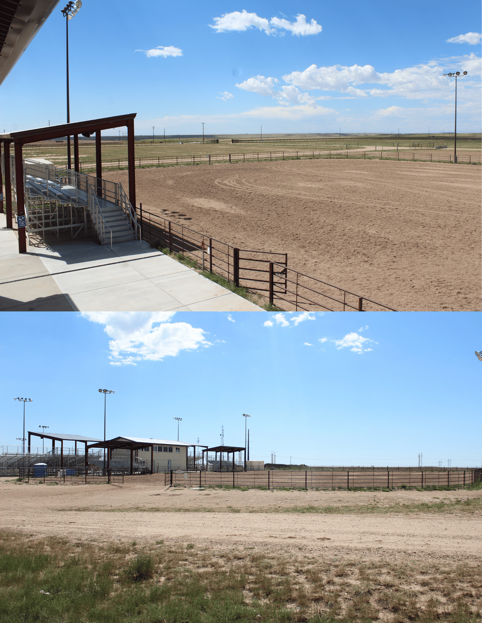 Two views of the outdoor dirt riding arenas at the Laramie County Archer Complex in Cheyenne, Wyoming, featuring fenced arenas, covered bleachers, and arena lighting.