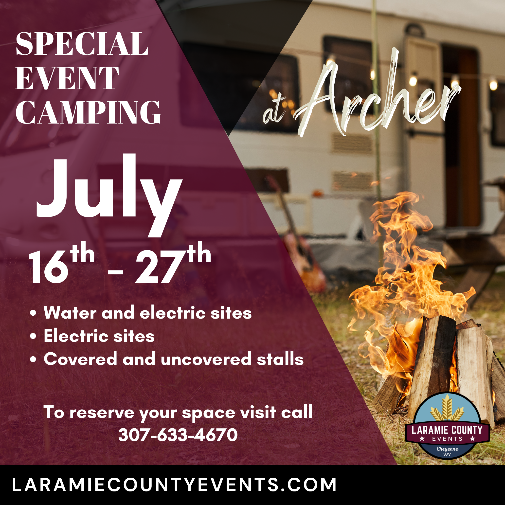 RV campers parked at the Event Center at Archer during a special event with a campfire in the foreground promoting special event camping from August 16–27.