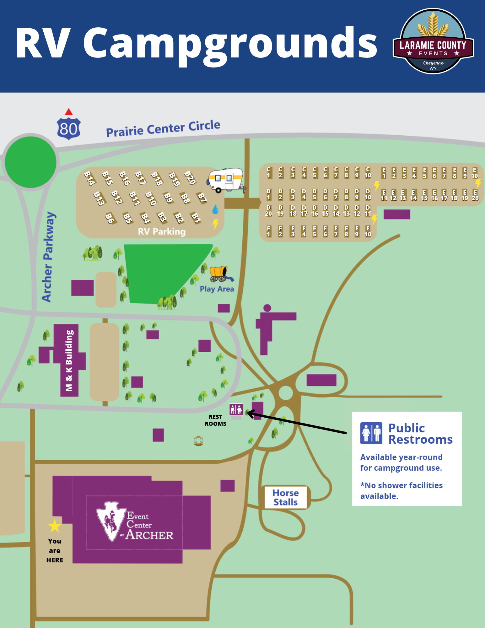 Archer RV Campgrounds Map showing sites and restroom location.