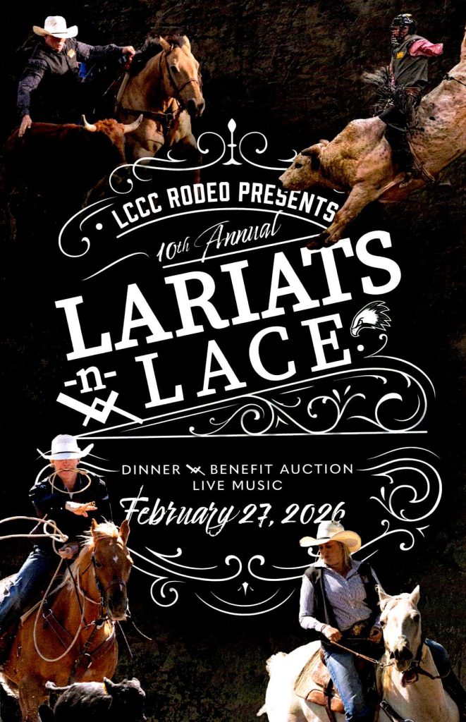 Western-themed lariat and lace poster representing the Lariats-n-Lace event in Cheyenne, Wyoming benefitting the LCCC Rodeo team. Dinner, Benefit, Live Auction and Live Music will take place February 27, 2026.